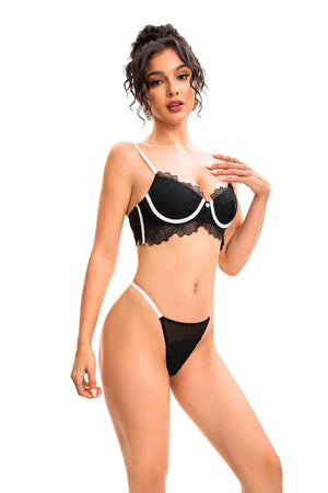 Fleur Noir Black & White Longline Underwire Bra & Thong Set